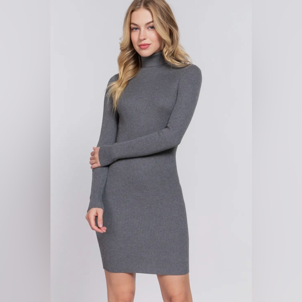 Gray Ribbed Turtleneck Dress